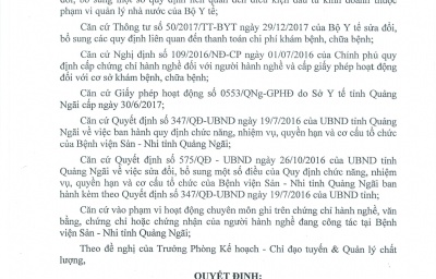 Quyết định V/v người hành nghề được phép thực hiện các kỹ thuật chuyên môn tại Bệnh viện Sản - Nhi tỉnh Quảng Ngãi